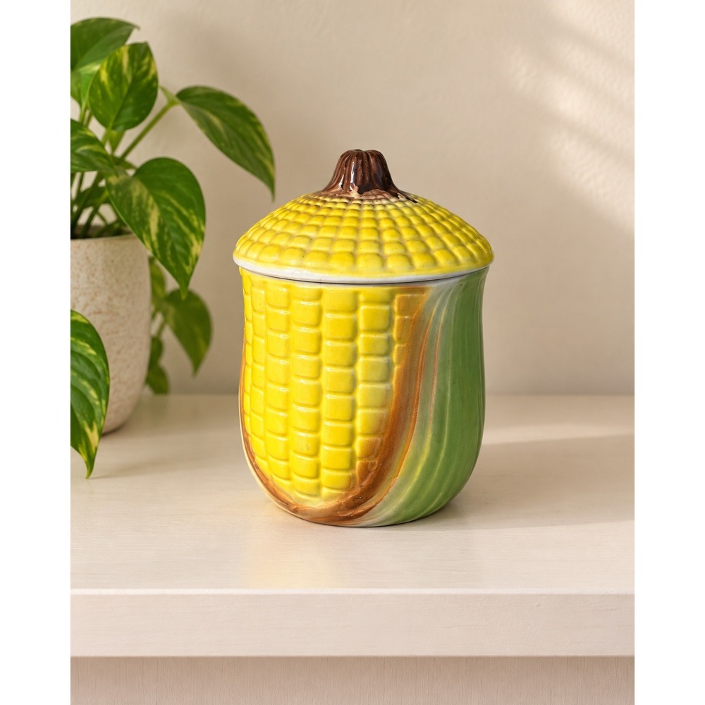 Vintage Japan Corn Canister Ceramic Lidded Jar Cottagecore Farmhouse Harvest
